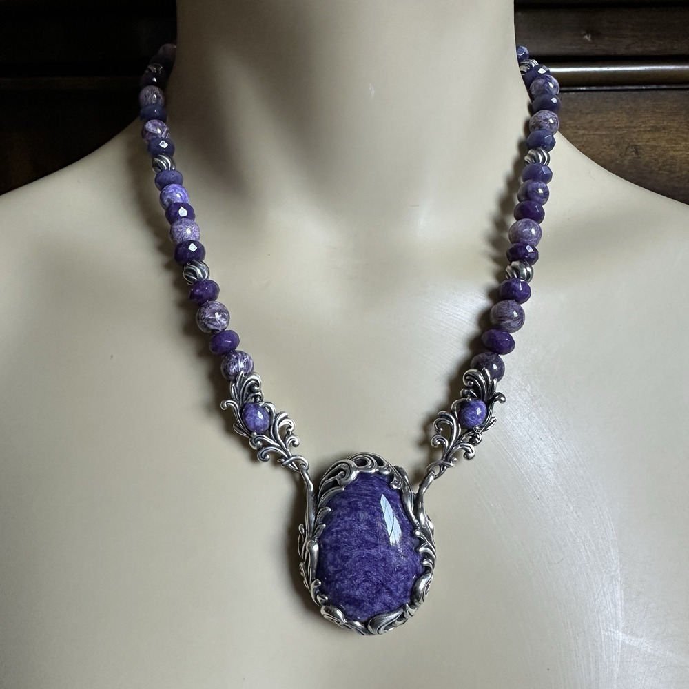 VTG Carolyn Pollack Relios Pendant Necklace 20" Charoite Amethyst Sterling 68.1g